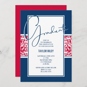 Invitation Red White Navy Damask Graduation