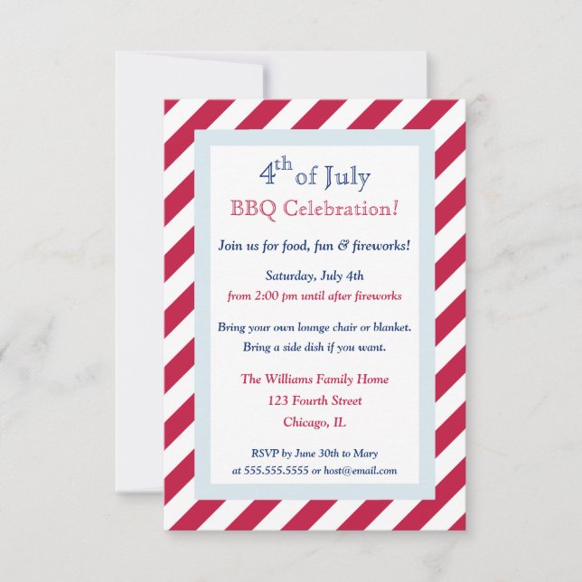 Invitation Red White Stripes moderne 4 juillet soirée barbecu (Devant)