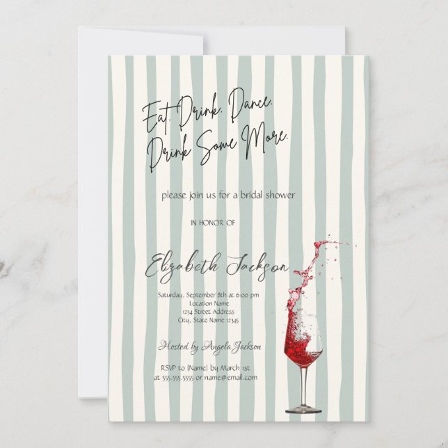 Invitation Red Wine Glass Green Stripes Bridal Shower (Devant)