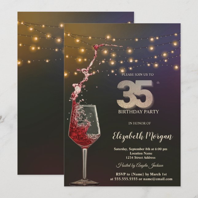 Invitation Red Wine String Lights 35th Birthday Party (Devant / Derrière)