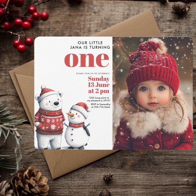 Invitation Red Winter Bear & Snowmen Photo Anniversaire (Créateur téléchargé)