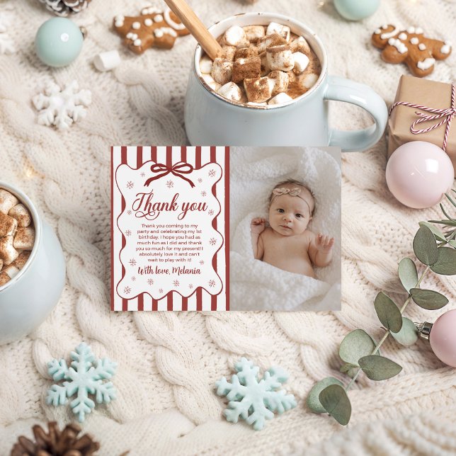 Invitation Red Winter First Birthday Photo Thank You (Créateur téléchargé)