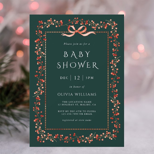 Invitation Red Winterberry Frame Forest Baby shower vert (Créateur téléchargé)