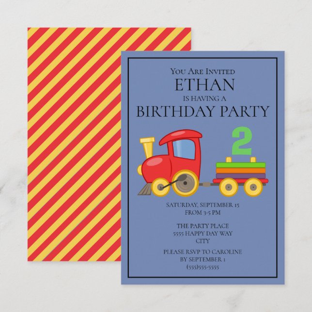 Invitation Red Yellow Blue Train fête le 2e anniversaire de l (Devant / Derrière)