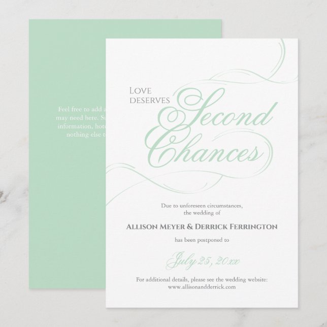 Invitation Réduction de mariage Green Second Chances (Devant / Derrière)