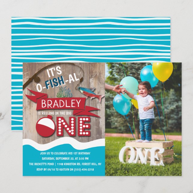Invitation Reeling In The Big One Fishing 1st Birthday Photo (Devant / Derrière)
