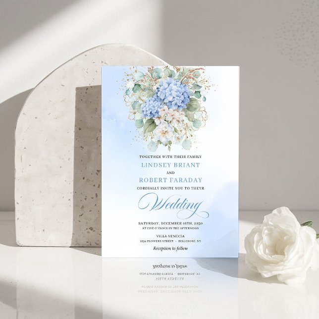 Invitation Refined Blue Hydrangea Floral Gold Wedding Invite (Refined Blue Hydrangea Floral Gold Wedding Invite)