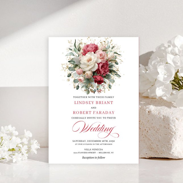 Invitation Refined Bohemian Red White Floral Greenery Invite (Refined Bohemian Red White Floral Greenery Invitation)