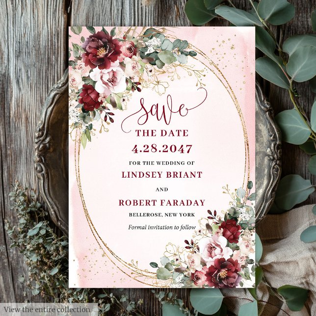 Invitation Refined Boho Maroon Blush Gold Floral Save Date (Refined Boho Maroon Blush Gold Floral Save Date)