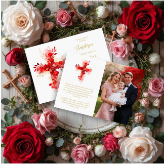 Invitation Refined Botanical Cross in Red Tones Photo Baptism