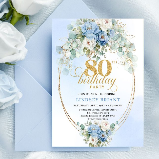 Invitation Refined Dusty Blue Peonies Gold Frame 80 Birthday (Refined Dusty Blue Peonies Gold Frame 80th Birthday Invite)