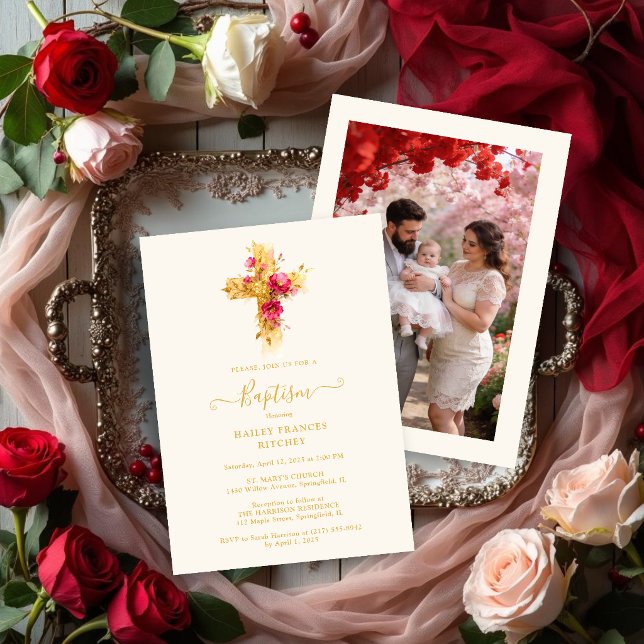 Invitation Refined Gold Botanical Cross Christian Baptism (Refined Gold Glitter Effect Floral Cross Christian Baptism Card Design with Back Family Photo. )