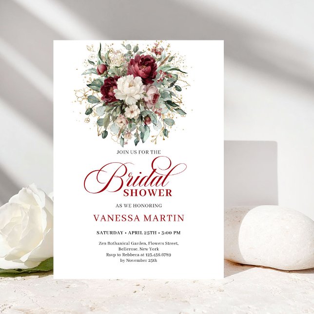 Invitation Refined Maroon Floral Gold Bridal Shower Invitatio (Refined Maroon Floral Gold Bridal Shower Invitation)