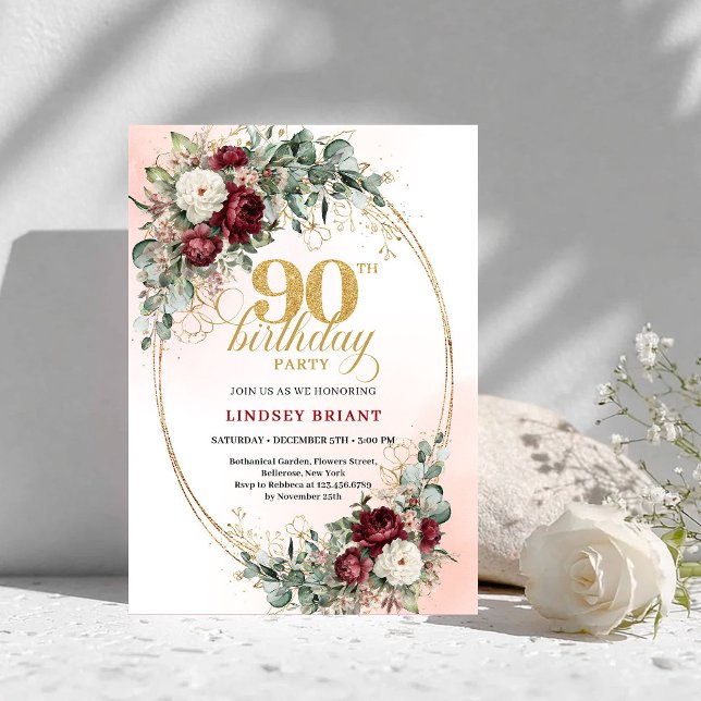 Invitation Refined Marsala Peonies Greenery 90th Birthday (Refined Marsala Peonies Greenery 90th Birthday)