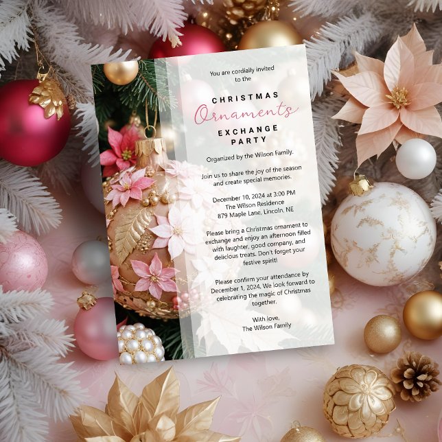 Invitation Refined Pink Christmas Balls Ornament Exchange (Refined Stylish Pink Christmas Balls Ornament Exchange Party Invitations Cards.)
