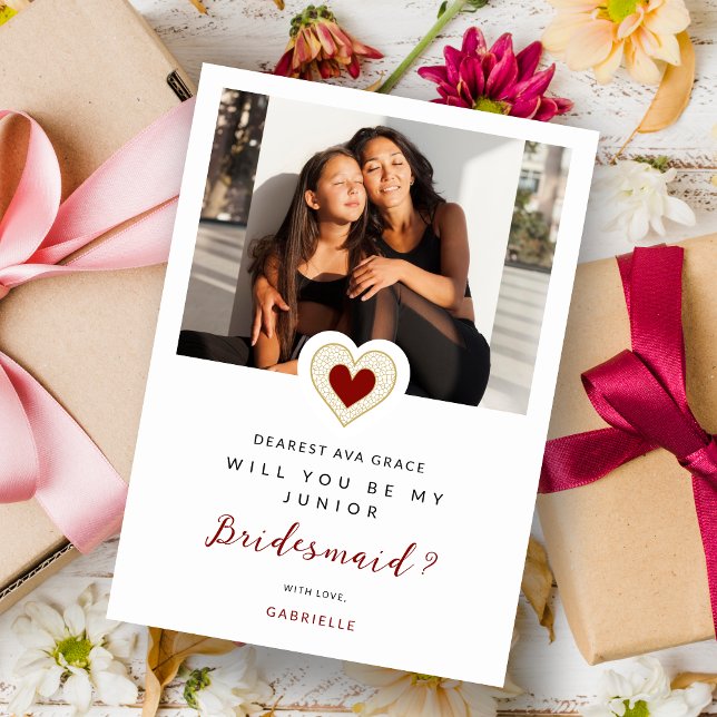 Invitation Refined Red Lace Heart Photo Jr Bridesmaid (Romantic Refined Cute Red Heart Photo Jr Bridesmaid Proposal Card with Envelope.)