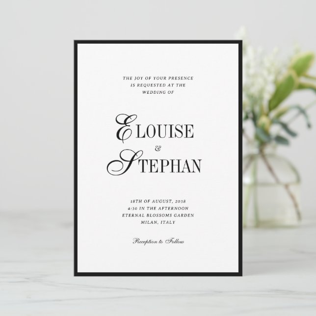 Invitation Refined Script Black White QR Code Details Wedding (Debout devant)