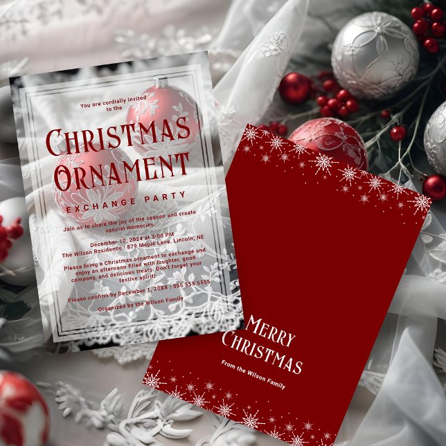 Invitation Refined Vellum Grey Shades Red Christmas Ornament (Refined Vellum Grey Shades & Red Christmas Ornament Exchange Party Invitations Cards.)