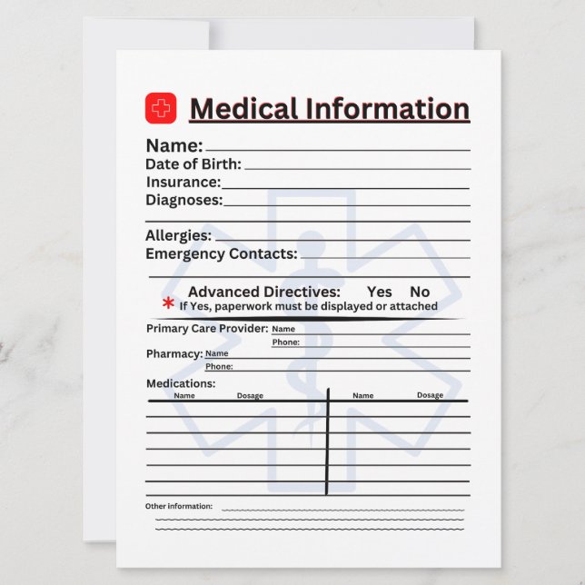 Invitation Réfrigérateur d'urgence d'information Médicale (Devant)