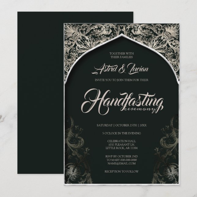 Invitation Regal Argent Flourish Hunter Green Handfasting (Devant / Derrière)