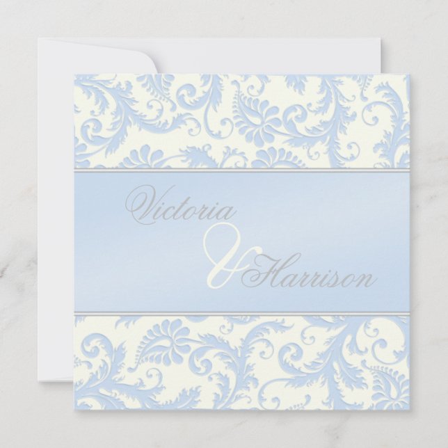 Invitation Regal Blue et Ivory Mariage damassé (Devant)