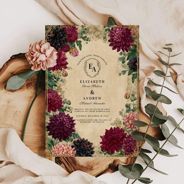 Invitation Regal Burgundy Dahlias avec cadre Or Ornate (Créateur téléchargé)