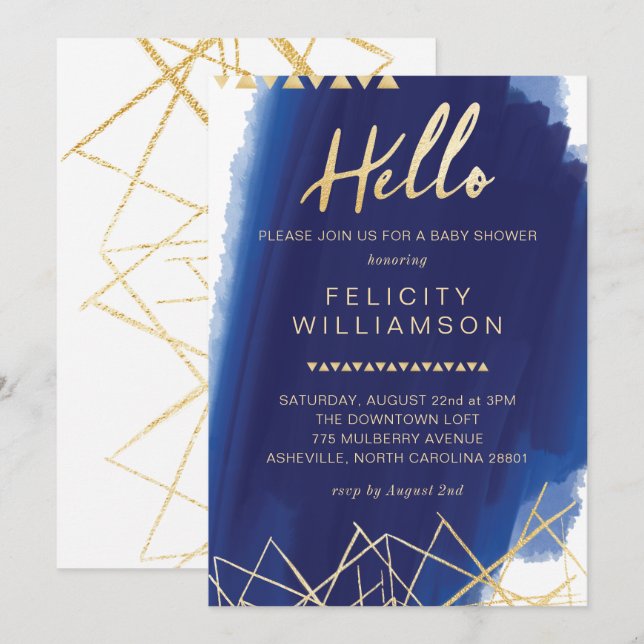 Invitation Regal Navy, Baby shower d'aquarelle d'or Invitatio (Devant / Derrière)