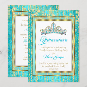 Invitation Regal Princess Bleu Turquoise Quinceanera Or Blanc