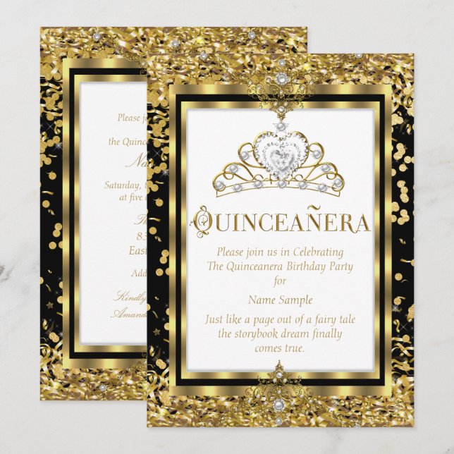 Invitation Regal Princess Quinceanera 15e Gold Black White (Devant / Derrière)