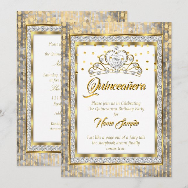 Invitation Regal Princess Quinceanera Gold White Silver (Devant / Derrière)