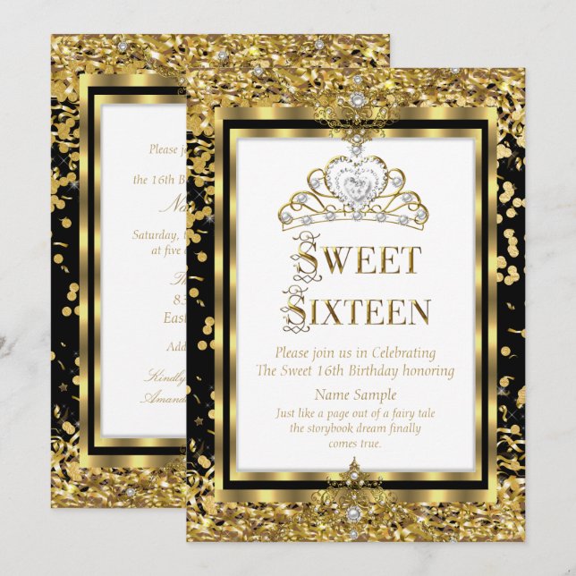 Invitation Regal Princess Sweet 16 Gold Black White Party (Devant / Derrière)