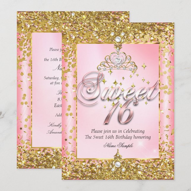 Invitation Regal Princess Sweet 16 Gold Blush Pink Party (Devant / Derrière)