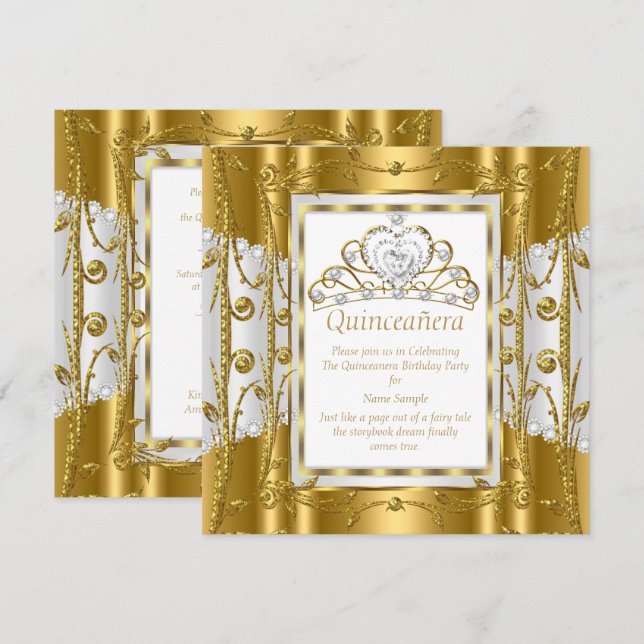 Invitation Regal Princesse Quinceanera 15e Gold White Tiara (Devant / Derrière)