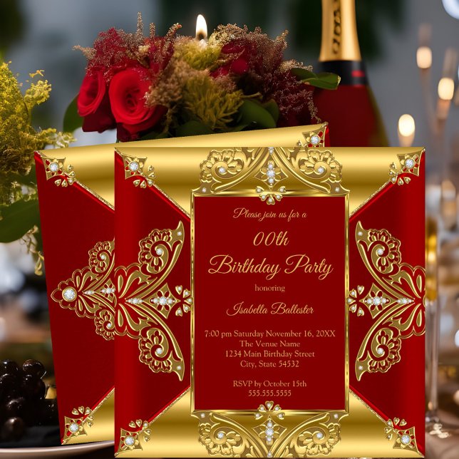 Invitation Regal Red Ajouter Age Anniversaire Party Gold Diam (Créateur téléchargé)