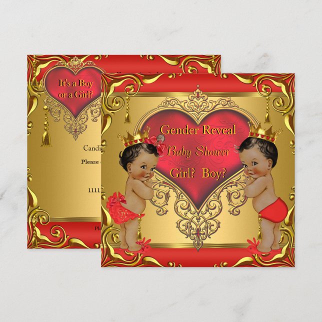 Invitation Regal Red Gold Baby shower de révélation de genre  (Devant / Derrière)