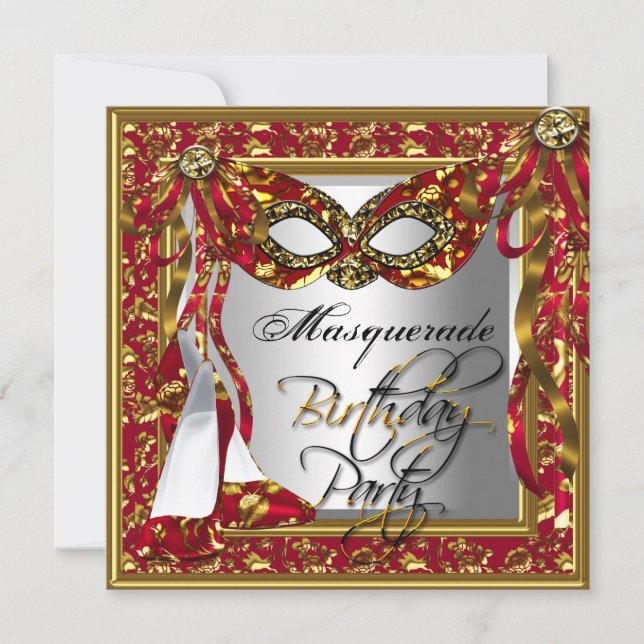 Invitation Regal Red Gold Damask Anniversaire Masquerade Part (Devant)