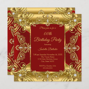 Invitation Regal Rouge Anniversaire Soirée Ornat Or Faux Diam