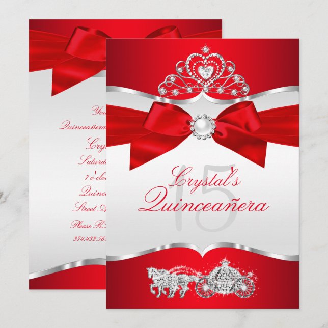 Invitation Regal Rouge Argent Tiara Pearl Bow Quinceanera (Devant / Derrière)