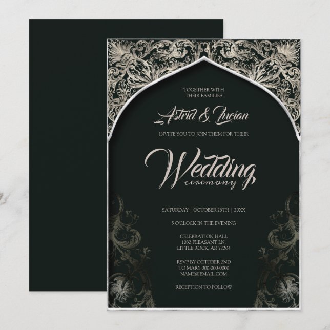 Invitation Regal Silver Flourdissant Chasseur Vert Mariage (Devant / Derrière)
