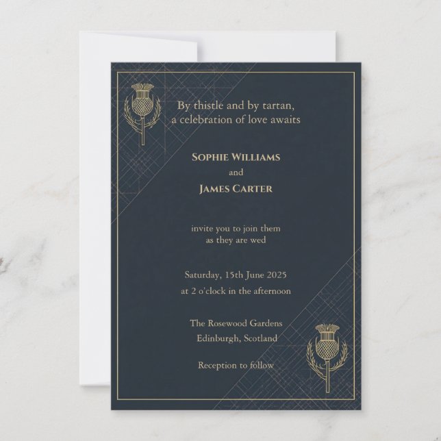 Invitation Regal Thistle & Tartan Mariage écossais (Devant)