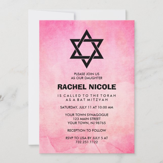 Invitation Regard assez rose d'aquarelle avec le bat mitzvah (Devant)