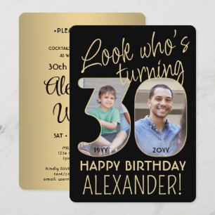 Invitation Regardez qui est 30 Black & Gold Anniversaire Part