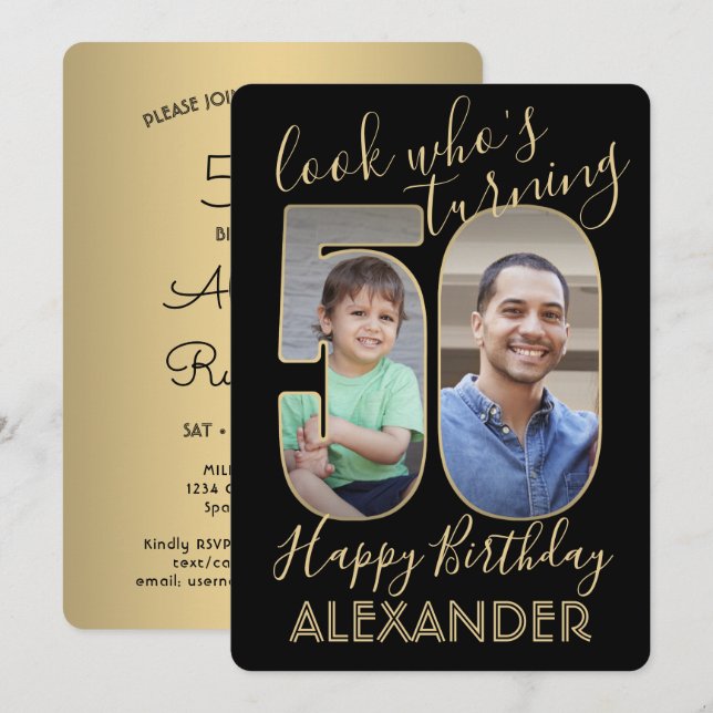 Invitation Regardez qui est 50 Black & Gold Anniversaire Part (Devant / Derrière)