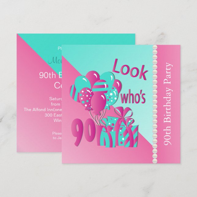 Invitation Regardez qui est 90 rose et turquoise 90e annivers (Devant / Derrière)