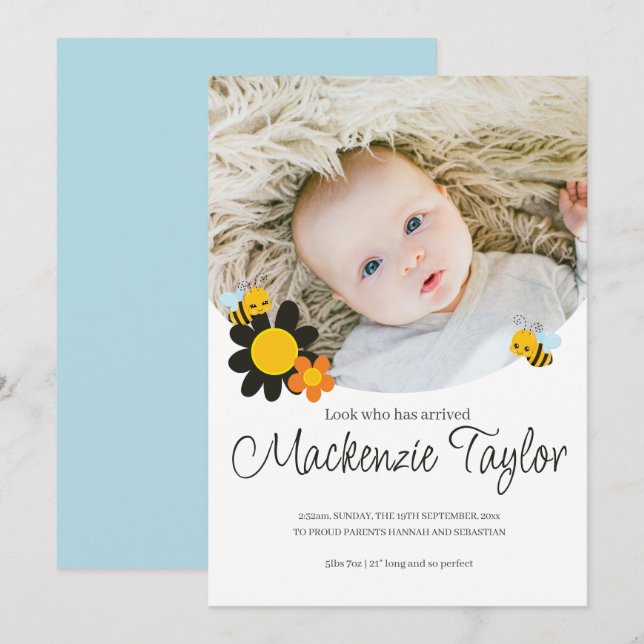 Invitation Regardez qui est ici Nouveau bébé abeille thème Fa (Devant / Derrière)