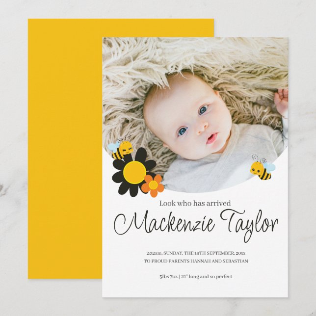 Invitation Regardez qui est ici Nouveau bébé abeille thème Fa (Devant / Derrière)