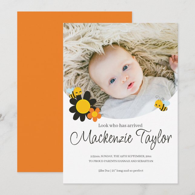 Invitation Regardez qui est ici Nouveau bébé abeille thème Fa (Devant / Derrière)