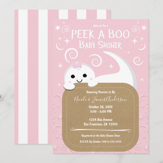 Invitation Regardez un Baby shower d'Halloween rose Fantôme d (Devant / Derrière)