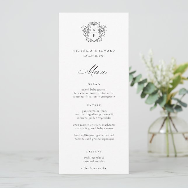 Invitation Regency Era Black Crest Monogram Menu Mariage (Debout devant)