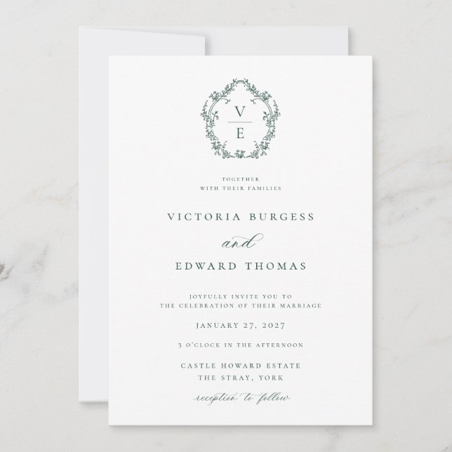 Invitation Regency Era Emerald Monogram Crest Mariage (Devant)